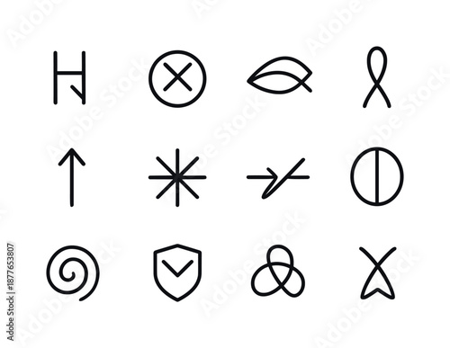 Monochrome Runes Grid. Runes and symbols. Line icon set of personal sigils: name mark, identity seal, dream symbol, protection loop, intention arrow, creation