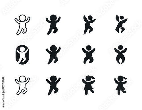 Children's Dance Icons. Children's dance. Icon set. Set Logo of children's dance: dancing child silhouette. harmonious logo variations of the same emblematic