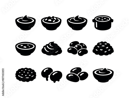 Bean Texture Icons. Bean textures. Solid icon set of Bean textures: creamy texture, chunky texture, smooth puree, thick stew, broth-like soup, mashed beans,