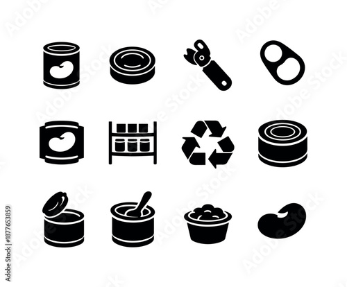 Canned Beans Icons. Canned beans. Solid icon set of Canned beans: bean can, can lid, can opener, ring pull, label icon, storage rack, recycling symbol, sealed