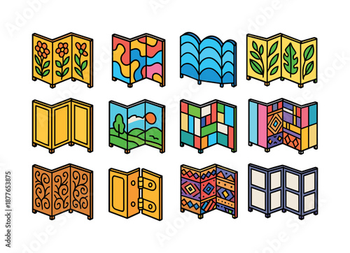 Colorful Folding Screens. Decorative folding screens. Colorful isometric vector icons set of decorative folding screens: floral motif screen, abstract art
