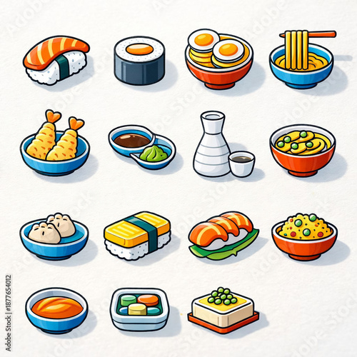 Food items in colorful digital art showing sushi, noodles, rice, and other dishes suitable for restaurant use