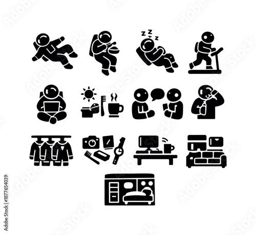 Astronaut Life Icons. Astronaut Life. Solid icon set of Astronaut Life: astronaut floating, eating in zero gravity, sleeping in space, exercising astronaut,