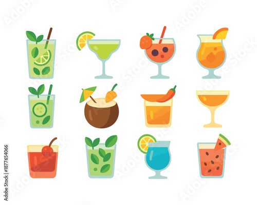 Cocktail Icon Collection. Cocktail Specials. Colorful flat vector icons set of Cocktail Specials: tropical mojito, citrus margarita, berry spritz, pineapple