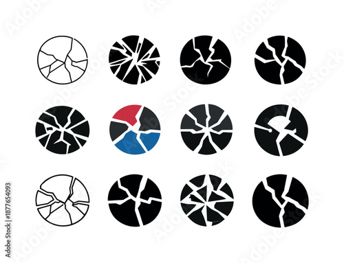 Hurt Emblem Variations. Emotional hurt. Icon set. Set Logo of emotional hurt: shattered circle. harmonious logo variations of the same emblematic concept, each