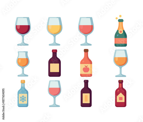 Colorful Wine Icons. Wine types. Colorful flat vector icons set of wine types: red wine, white wine, rose wine, sparkling wine, dessert wine, fortified wine,