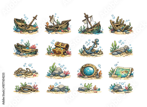 Sunken Ship Icons. sunken ships. Colorful isometric vector icons set of sunken ships: broken hull, tilted mast, shipwreck ribs, coral-covered deck, treasure