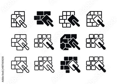 Kitchen Backsplash Icons. Installing a backsplash in the kitchen. Icon set. Set Logo of installing a backsplash in the kitchen: wall surface prep. harmonious