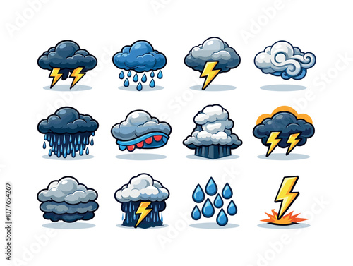 Stormy Cloud Icons. stormy clouds. Colorful isometric vector icons set of stormy clouds: dark thundercloud, rain cloud, lightning bolt cloud, swirling wind