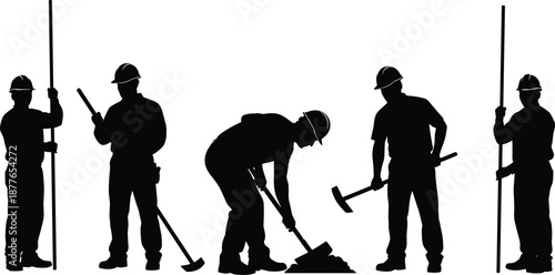 Black silhouette team of four construction worker men standing with hammer and drill vector illustration on white background isolated, industrial.