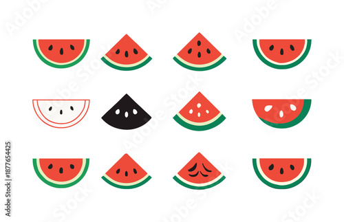 Summer Watermelon Icons. Summer. Icon set. Set Logo of summer: watermelon slice. harmonious logo variations of the same emblematic concept, each with different