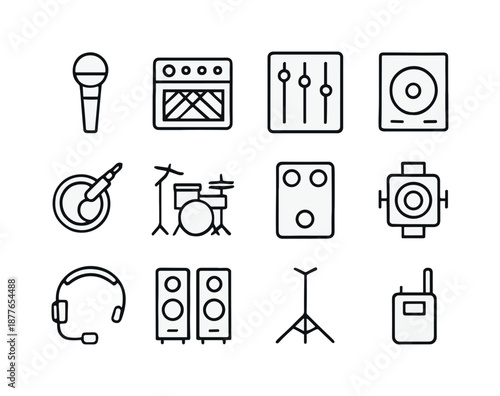 Live Music Icons. Live Music Equipment. Line icon set of Live Music Equipment: microphone, amplifier, mixer board, monitor speaker, audio cable, drum kit,