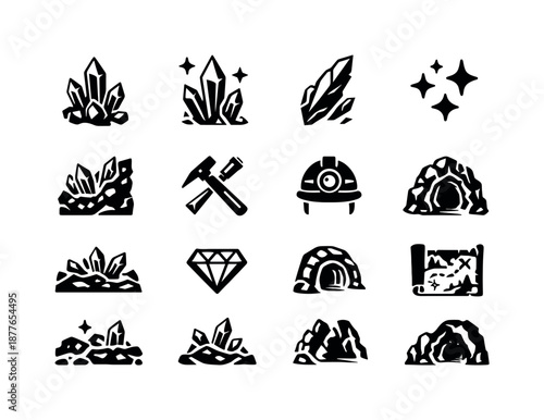 Crystal Icon Set. Crystal caverns. Solid icon set of Crystal caverns: crystal cluster, glowing crystal, shard, sparkle icon, mineral vein, chisel tool, helmet