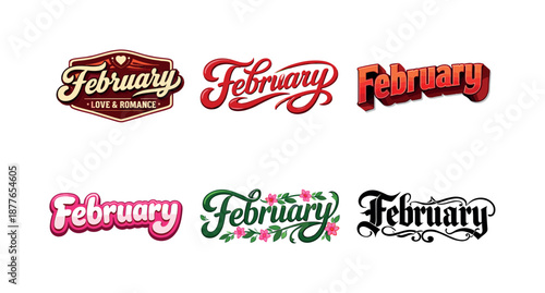 Creative February Lettering. February creative mood. Set lettering. harmonious lettering variations of the same emblematic concept, each with different