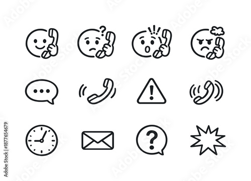 Phone Reaction Icons. Phone call reactions. Line icon set of phone call reactions: happy face, confused face, startled face, annoyed face, speech bubble,