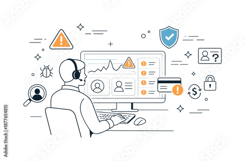 Fraud Monitoring Dashboard. Fraud detection system overview. A security analyst monitoring suspicious activity on a digital dashboard. Sense of vigilance and