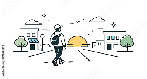 Sunset City Stroll. Sunset walk city street. Person walking along a street with simple buildings and trees, sun low on the horizon. Urban calm and end-of-day