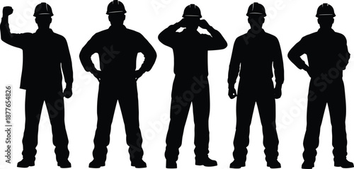 Black silhouettes of five male construction workers wearing hard hats standing in a row, isolated on white background, vector illustration.