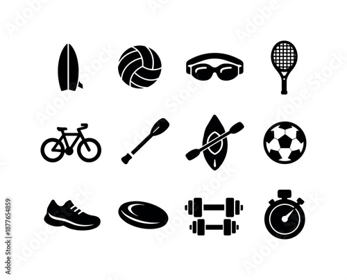 Summer Sports Icons. Summer sports. Solid icon set of summer sports: surfboard, beach volleyball, swimming goggles, tennis racket, bicycle, paddleboard paddle,