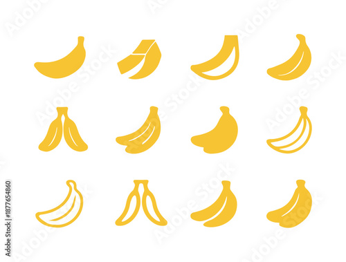 Creative Fruit Logos. Fruits. Icon set. Set Logo of fruits: banana curve. harmonious logo variations of the same emblematic concept, each with different