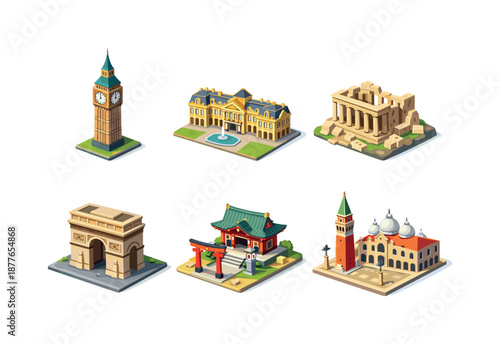 Isometric Landmark Icons. Cultural landmarks travel. Isometric flat vector icons set of Cultural landmarks travel: iconic clock tower, historic palace facade,