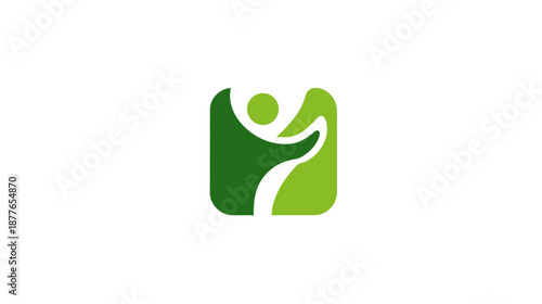 A geometric human figure in a rounded square, with shades of green