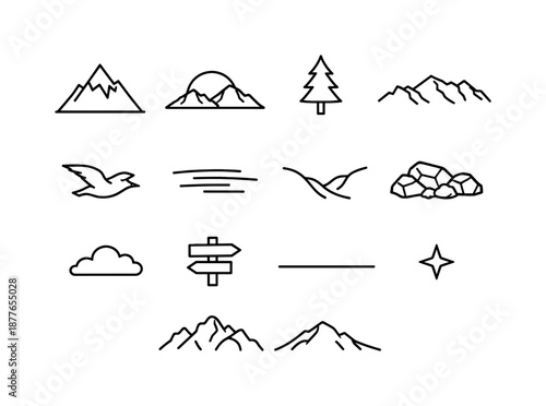Mountain Sunset Icons. Mountain sunset. Line icon set of Mountain sunset: mountain peak, sun dipping behind mountain, pine tree, ridge line, bird silhouette,