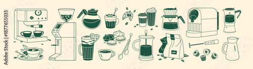 Set of coffeehouse items. Different coffeeshop appliances, drinks and desserts. Coffee machine, teapots, paper cups and mugs of hot beverages, doughnuts. Flat isolated outline vector illustrations
