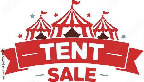 Promotional tent sale vector graphic, including stylized tents and red banner with text, isolated on white background, ideal for retail promotions, marketing campaigns, event advertisements, and 