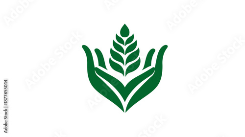 A green emblem featuring stylized hands cradling a central wheat ear, suggesting care