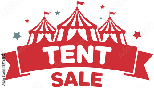 Promotional graphic for a tent sale featuring stylized tents and a red banner with text on white background, vector illustration for advertising, retail marketing, seasonal events, and professional