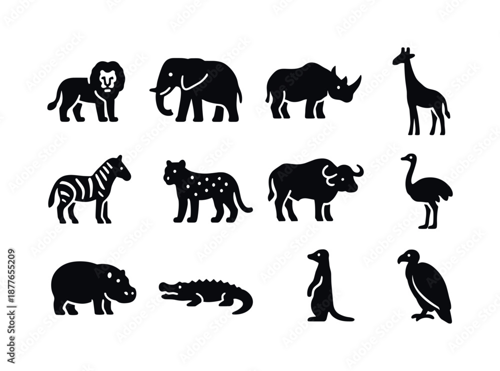 Fototapeta premium African Wildlife Icons. African Wildlife. Solid icon set of African Wildlife: lion, elephant, rhino, giraffe, zebra, leopard, buffalo, ostrich,