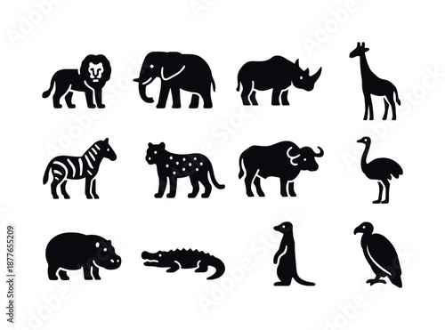 African Wildlife Icons. African Wildlife. Solid icon set of African Wildlife: lion, elephant, rhino, giraffe, zebra, leopard, buffalo, ostrich,