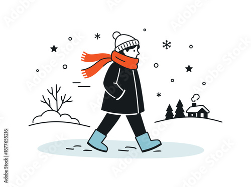 Winter Walk Reflection. Editorial Illustration February. A calm winter-themed editorial scene with a character walking outdoors, wrapped in a coat and scarf,