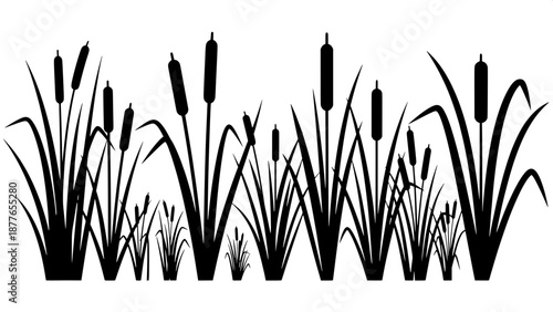 “Nature clipart silhouettes, marsh plants, tall grass and cattails, simple flat black illustration”