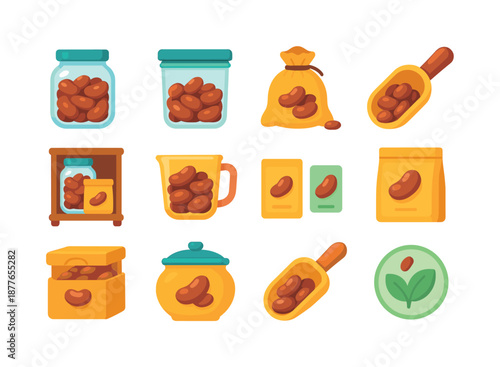 Bean Storage Icons. Bean Storage. Colorful flat vector icons set of Bean Storage: glass jar of beans, airtight container, cloth bag, scoop, pantry shelf,