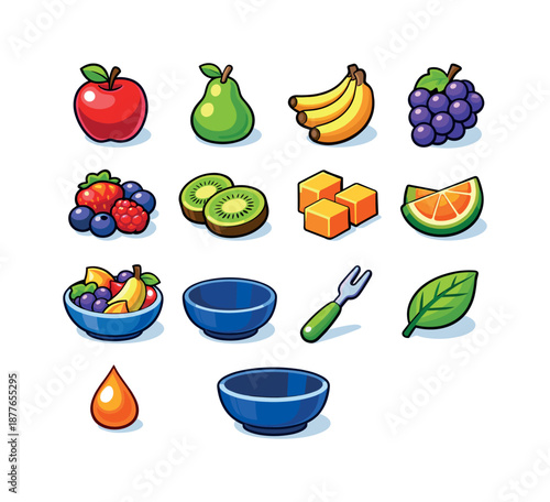 Colorful Fruit Bowl Icons. Fresh fruit bowl. Colorful isometric vector icons set of fresh fruit bowl: apple, pear, banana, grapes, berries, sliced kiwi, melon