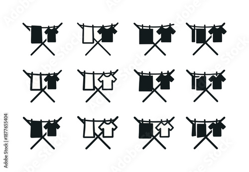 Laundry Rack Icons. Laundry drying rack. Icon set. Set Logo of laundry drying rack: clothes on drying line. harmonious logo variations of the same emblematic
