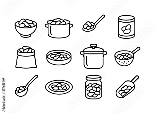 Cooked Beans Icons. Cooked Beans. Line icon set of Cooked Beans: bowl of beans, pot of beans, spoon with beans, canned beans, bean bag, bean stew, pressure