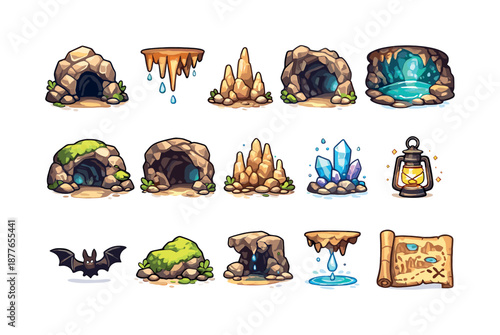 Colorful Cave Icons. Caves and caverns. Colorful flat vector icons set of caves and caverns: cave entrance, stalactites, stalagmites, underground lake, rock