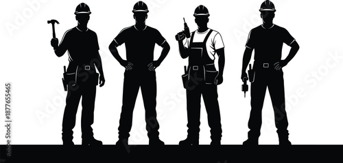 Black silhouette team of four construction worker men standing with tools and hard hats vector illustration on white background isolated.