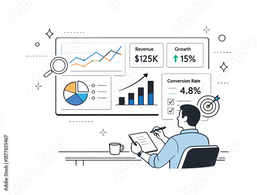 Data Insights Analysis. Business analytics. Analyst reviewing dashboards with charts and key metrics on a large screen, identifying insights and trends. Calm