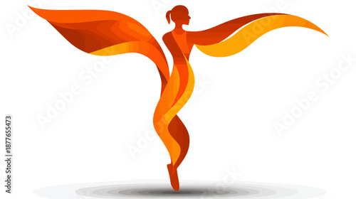 A flowing silhouette of a woman with outstretched arms and flowing material in shades of orange