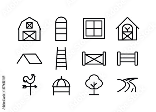 Barn Icon Set. Barn exterior. Line icon set of Barn exterior: barn wall, silo cylinder, barn window, hayloft, barn roof, ladder, farm gate, fence, wind vane,