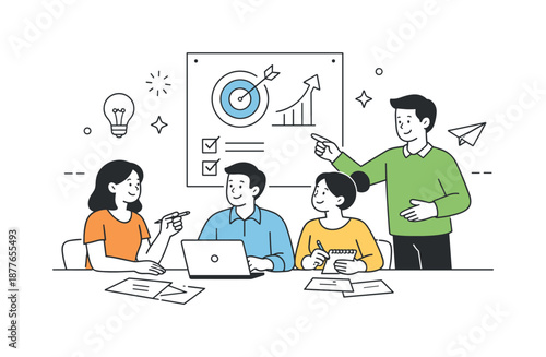 Collaborative Teamwork Session. Group work session. Team members sitting and standing together, aligning goals and next actions. Friendly interaction and