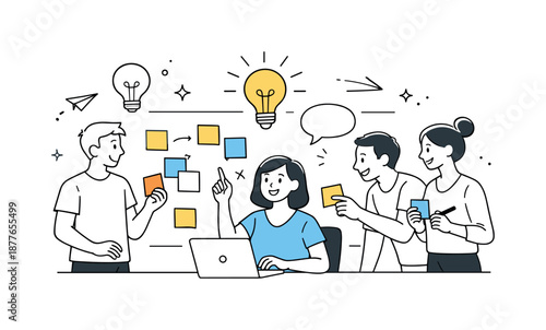 Creative Teamwork Session. Creative teamwork session. Young colleagues brainstorming with sticky notes and lightbulb icons. Idea sharing, positivity, and