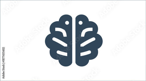 A stylized brain graphic, dark blue against a white backdrop. Featuring two hemispheres