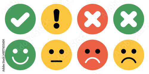 Round Flat Icons Featuring Check Mark Cross Alert and Feedback Emoticon Symbols