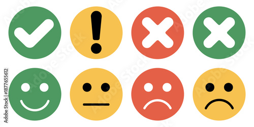 Round Icon Set featuring green check marks, red crosses, and yellow alert symbols in flat style