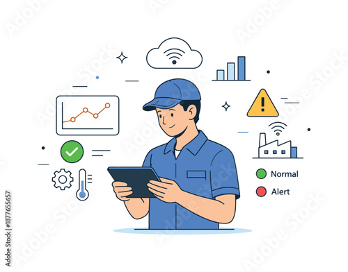 Technician Analyzing Data. Equipment monitoring system. A technician analyzing real-time data from connected machines on a tablet. Focused attention and